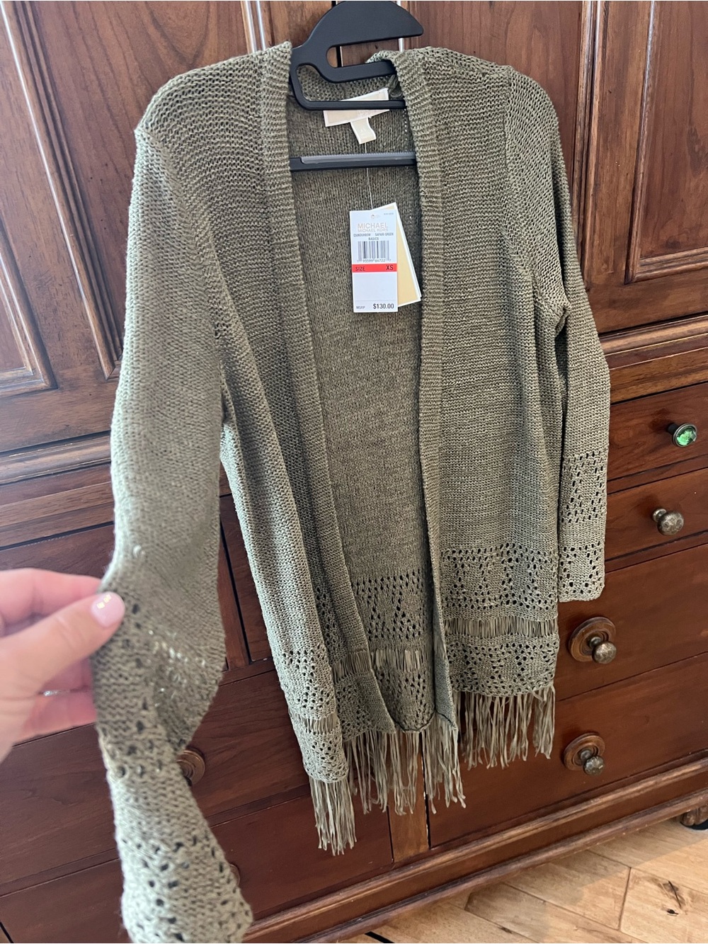 Michael Kors Olive Open-Front Fringe Knit Cardigan